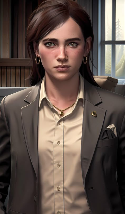 Ellie in a suit Ellie Williams And Dina, Ellie Art, Dina Woodward, Dina And Ellie, Ellie Last Of Us, Tlou Art, Achilles Aesthetic, Ellie Fanning, Ellie And Dina