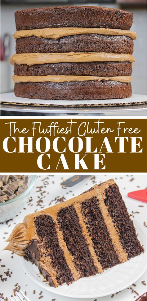 This gluten free chocolate cake recipe comes together so quickly, and is incredibly moist and fluffy! It's just as delicious as it is easy to make #glutenfreechocolatecake #glutenfreechocolatecakerecipe Gluten Free Chocolate Cake Recipe, Fluffy Chocolate Cake, Gluten Free Cake Recipe, Gluten Free Chocolate Cake, Easy Gluten Free Desserts, Easy Chocolate Cake, Gluten Free Desserts Recipes, Gluten Free Cake, Gluten Free Sweets