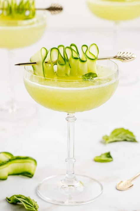 Cucumber Basil Gimlet #cocktail #cucumber #basil #lime #simplesyrup #gin #alcohol #drink | A Classic Twist 2024 Cocktails, Cucumber Gin Cocktail, Cucumber Gimlet, Basil Gimlet, Gin Alcohol, Spring Drinks, Basil Cocktail, Cucumber Basil, Gimlet Recipe