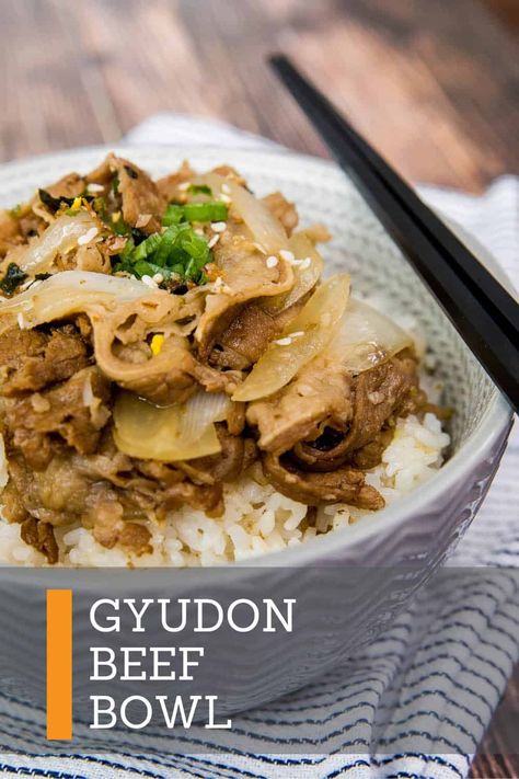 Gyudon (Japanese Beef Bowl - Yoshinoya Recipe) Japanese Gyudon Recipe, Beef Donburi Recipe, Yoshinoya Beef Bowl Recipe, Yoshinoya Beef Bowl, Gyudon Recipe, Sliced Beef Recipes, Japanese Beef Bowl, Donburi Recipe, Beef Bowl Recipe