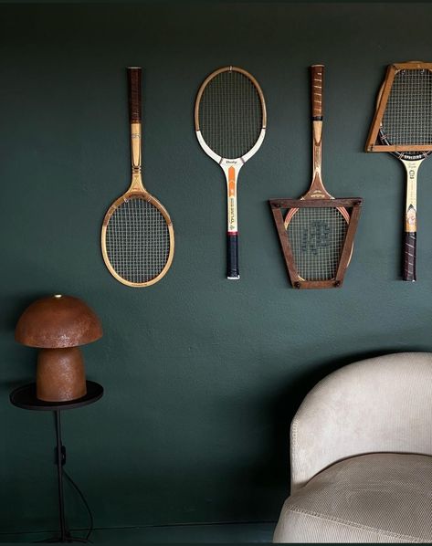 Old Rackets Decor, Tennis Rackets On Wall, Old Tennis Racket Decor, Vintage Tennis Racket Decor Wall Art, Tennis Racket Wall Decor, Vintage Tennis Racket Decor, Tennis Racket Display, Vintage Tennis Aesthetic, Tennis Nursery