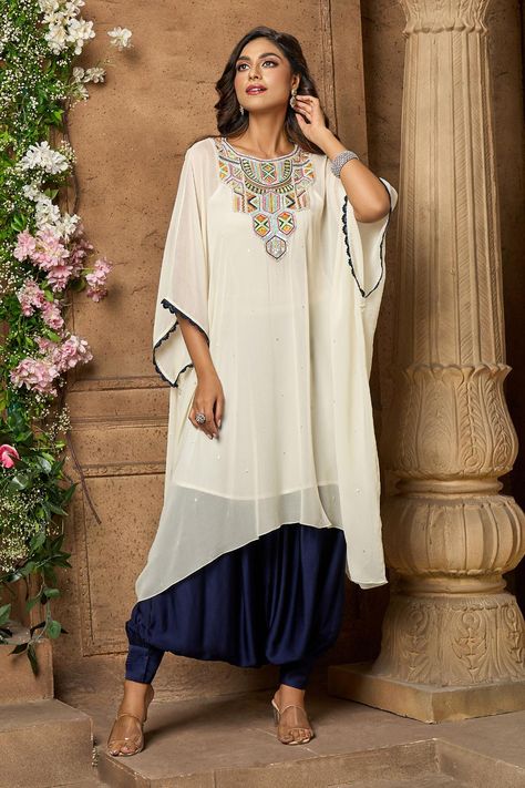 Buy Off White Kurta: Viscose Georgette Embroidery Thread And Harem Pant Set For Women by Ariyana Couture Online at Aza Fashions. White Kurta, Harem Pant, Couture Designers, Pattern Embroidery, Embroidered Neckline, Kinds Of Clothes, Fashion App, Satin Slip, Crop Blouse