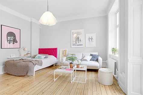 CONSIGUE EL LOOK: MINI APARTAMENTO DE ESTILO NÓRDICO BOHO CHIC CON TOQUES DE ROSA Monoambiente Ideas, Small Space Boho, Mini Apartments, One Room Apartment, Studio Apartment Living, Deco Studio, Studio Living, White Bedroom, Apartment Room