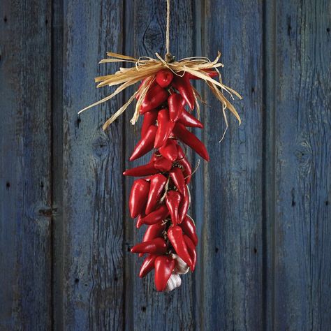 Follow our step by step instructions for making your own chile ristra. They are great for decorating while also drying out your peppers. Chilli Decorations, Dry Peppers, Chilli Cookoff, Chile Ristra, Chili Peppers Decor, Dried Red Chili Peppers, Hatch Chiles, Mexican Chili, Dried Chili Peppers