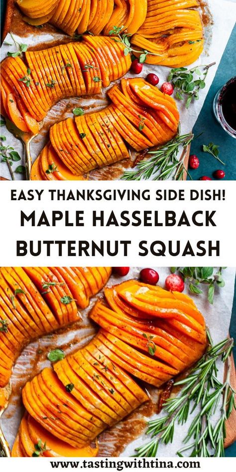 With tender roasted squash and a cinnamon maple glaze, this Maple Hasselback Butternut Squash is a great savory and sweet side dish. This one is perfect for Thanksgiving or Christmas! Plus, it's pretty easy. Hasselback Butternut Squash, Butternut Squash Bacon, Butternut Squash Vegan, Butternut Recipes, Maple Recipes, Thanksgiving Side Dishes Easy, Savory Recipe, Butternut Squash Recipes, Vegetarian Entrees