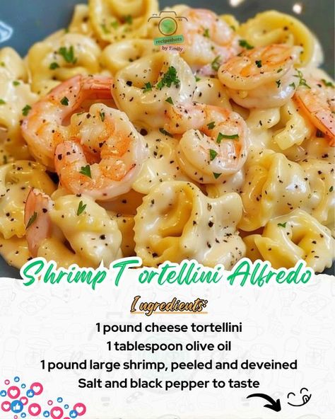 Emily Recipes | Shrimp Tortellini Alfredo, the perfect blend of creamy sauce, cheesy pasta, and succulent shrimp | Facebook Seafood Tortellini Recipes, Shrimp And Tortellini Recipes, Shrimp Tortellini Alfredo, Shrimp Tortellini, April Recipes, Cheese Tortellini Recipes, Tortellini Alfredo, Recipes Shrimp, Fantastic Recipes