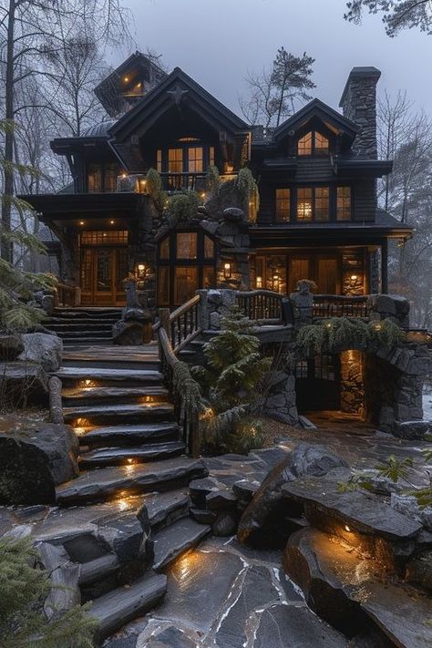 Dark House Exterior In The Woods, Dark Wood Mansion, Fairytale Houses, Morden House, Mountain Dream Homes, Mansion Exterior, Log Home Designs, Woodland House, Storybook Homes