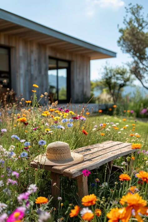 Wildflower Backyard, Wildflower Garden Ideas, Hippie Garden Ideas, Colorful Backyard, Hippie Garden, Rustic Wooden Bench, Wallpaper 2024, Garden Inspo, Wild Garden