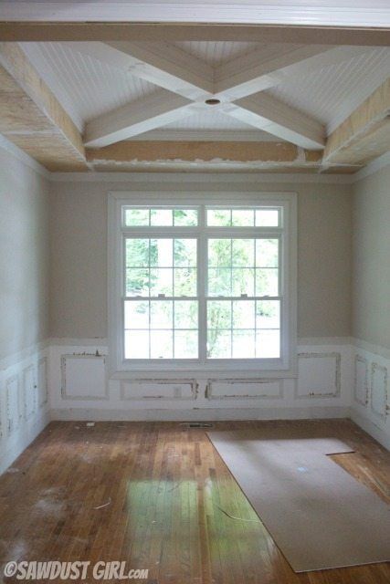 X Coffered Ceiling, X Beams On Ceiling, Sawdust Girl, Beadboard Ceiling, Dining Room Remodel, Dining Room Ceiling, Ceiling Detail, Ceiling Treatments, Ceiling Ideas