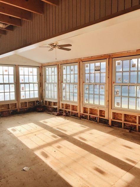 We Have Windows In The Sunroom!! Closed In Porches With Windows, Farmhouse Sunroom, Sunroom Remodel, Sunroom Windows, Anderson Windows, Barn Remodel, Small Sunroom, All Season Room, Four Seasons Room