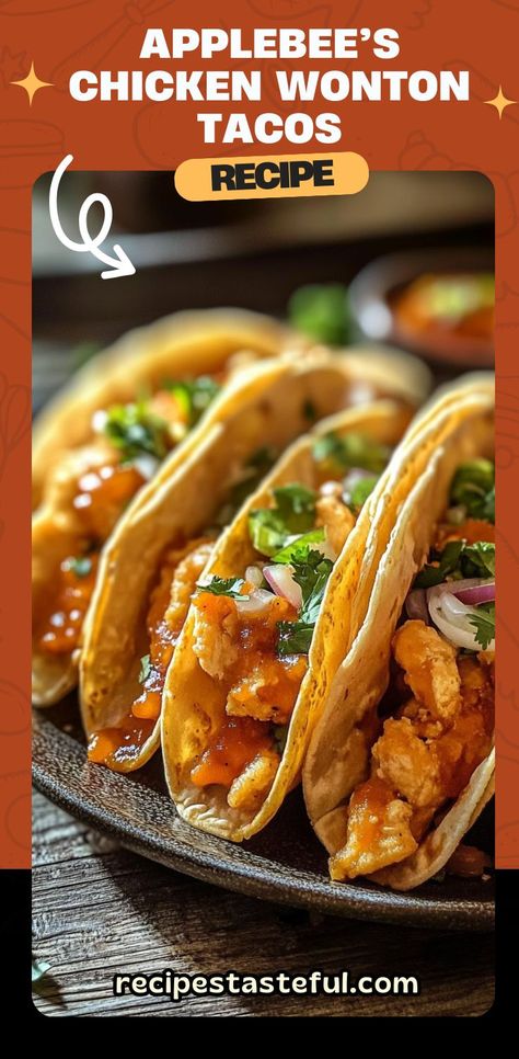 These crispy and flavorful Chicken Wonton Tacos are inspired by the popular appetizer at Applebee’s! Featuring a savory chicken filling, a tangy Asian slaw, and a sweet chili sauce drizzle, they are the perfect fusion of crunchy, savory, and sweet. These tacos are a great appetizer or party snack, and they’re easy to make at home for your next gathering. #ChickenWontonTacos #AsianTacos #AppetizerRecipes #PartyFood #FingerFood #EasyTacos #RecipeIdeas Thai Chicken Tacos, Asian Tacos Chicken, Applebees Chicken Wontons, Taco Cupcakes Wonton, Wonton Tacos Applebees, Applebees Wonton Tacos, Wonton Chicken Tacos, Asian Chili, Chicken Wonton Tacos