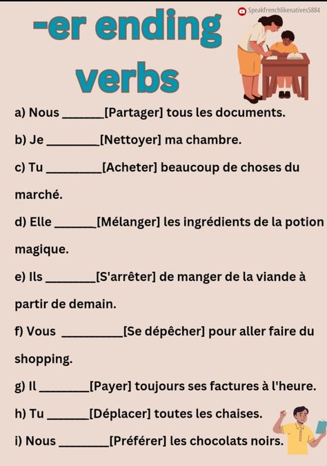 Er Verbs French Exercise, Er Verbs French, French Worksheets, French Teaching Resources, French Lessons, Teaching French, Teaching Ideas, Teaching Resources, Education