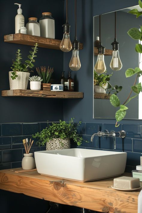 Navy Blue Bathroom Ideas, Blue Small Bathrooms, Blue Bathroom Ideas, Navy Blue Bathroom, Blue Green Bathrooms, Blue Bathroom Walls, Dark Blue Bathrooms, Elegant Bathroom Ideas, Navy Blue Bathrooms