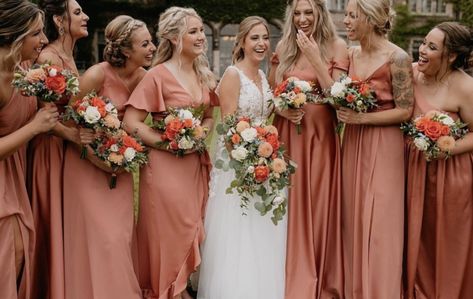 Dark Coral Bridesmaid Dresses, Dusty Coral Wedding, Coral Peach Bridesmaid Dresses, Summer Weddings Bridesmaids, Light Pink Bridesmaid Dresses, Peach Bridesmaid Dresses, Cinnamon Rose, Dj Wedding, Bridesmaid Dresses Satin