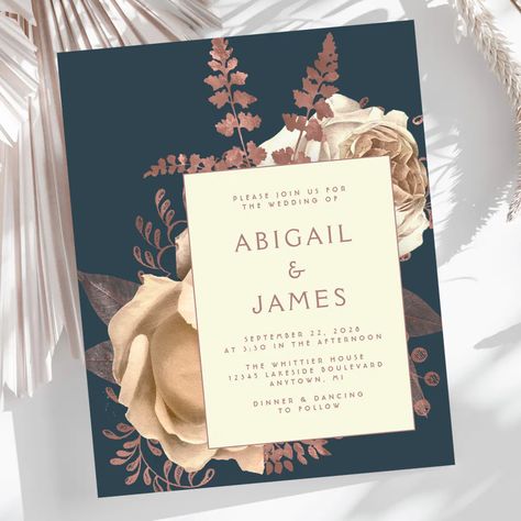 Budget Elegant Floral Ivory Rose Gold Teal Wedding | Zazzle Wedding Zazzle, Teal Blue Background, Wedding Needs, Teal Wedding, Elegant Wedding Invitation, Turquoise Wedding, Stylish Fonts, Color Theme, Elegant Wedding Invitations