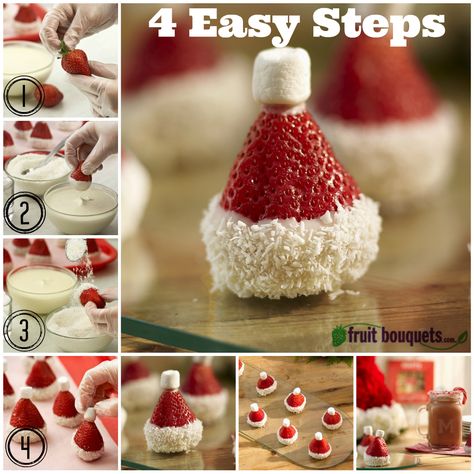 DIY: Create Santa Hat Strawberries by Julie McCann in 4 easy steps. All you'll need is strawberries, white melting chocolate, coconut flakes, and mini marshmallows. Santa Hat Fruit, Christmas Dipped Strawberries, Chocolate Dipped Strawberries Christmas, Christmas Diy Snacks, Strawberry Santa Hats, Strawberry Santa, Strawberry Santas, Christmas Strawberry, Christmas Dip