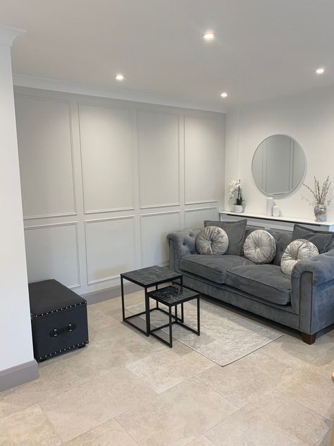 Kitchen Feature Wall Panelling, Wall Paneling Sitting Room, Living Room Panelling New Build, Grey Living Room Paneling, Living Room Feature Wall Panelling, Statement Wall Panelling, Grey Wall Panelling Living Room, Grey Panelling Dining Room, Light Grey Panelling Living Room