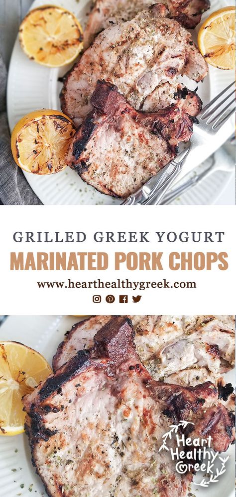 You’ll love this flavor-packed recipe for Grilled Yogurt Marinated Pork Chops! Marinated in Greek yogurt and a blend of spices, the end results are super delicious and perfectly tender grilled pork chops. Sure to become one of your summertime favorites! #porkchoprecipe #greekrecipes #grilledporkchops #grillingrecipes Greek Yogurt Pork Chops, Yogurt Pork Chops, Yogurt Marinated Pork Chops, Pork Chop Recipes Greek Yogurt, Greek Yogurt Marinade For Pork, Greek Pork Chops, Greek Yogurt Marinade, Greek Spices, Pork Chop Marinade