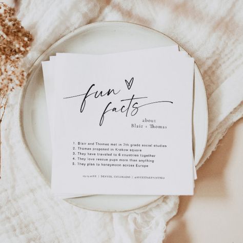 BLAIR Fun Facts Wedding Napkins, Modern Minimalist Napkins Fun Facts Wedding Napkins, Fun Facts Wedding, Best Wedding Advice, Rehearsal Dinner Napkins, Bridal Shower Favours, Micro Wedding Ceremony, Cocktail Napkins Wedding, Destination Wedding Details, Bridesmaid Tips