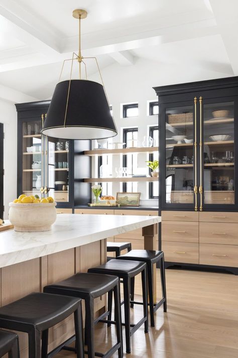 Light streams through open, white-oak shelves positioned across black-framed windows. Photo by Meagan Larsen. Flat Panel Kitchen Cabinets, Panel Kitchen Cabinets, White Oak Kitchen, Oak Kitchen Cabinets, Colorful Home, Oak Kitchen, Home Remodel, Kitchen Inspiration Design, A Fruit