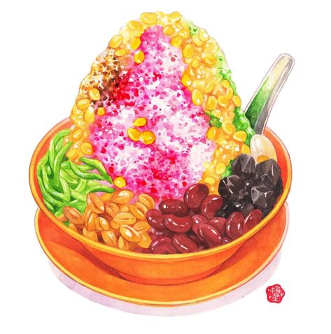 Malaysia Culture Illustration Poster, Ice Kacang Illustration, Singapore Food Illustration, Kuih Raya Illustration, Burmese Desserts, Malaysia Poster, Pop Art Food, Dessert Illustration, Food Doodles