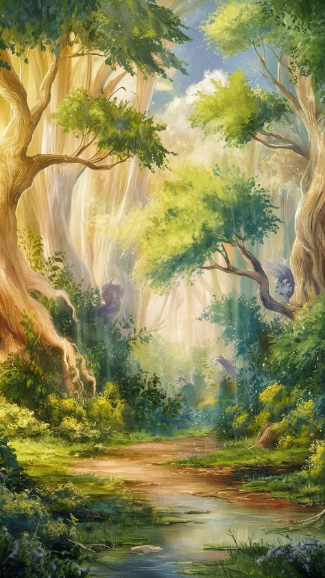 Immerse yourself in the tranquility of our enchanting forest wallpaper. Featuring towering trees, dappled sunlight, and a meandering stream, this artwork evokes the beauty of a lush woodland. With Impressionist brush strokes and whimsical creatures, it invites a sense of wonder into your space. Perfect for nature lovers, this serene landscape brings a magical atmosphere to any room. #ForestWallpaper #NatureArt #HomeDecor #Impressionism Serenity Wallpaper, Forest Backgrounds, Whimsical Creatures, Dappled Sunlight, Forest Setting, Enchanting Forest, Serene Landscape, Forest Background, Whimsical Forest