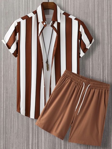 Manfinity Homme Men Random Striped Shirt & Drawstring Waist Shorts Without Tee | SHEIN UK Street Casual Men, Men Pants Pattern, Stylish Shirts Men, Hype Clothing, Men Fashion Casual Shirts, Mens Shorts Summer, Drawstring Waist Shorts, Mens Casual Dress Outfits, Men Stylish Dress