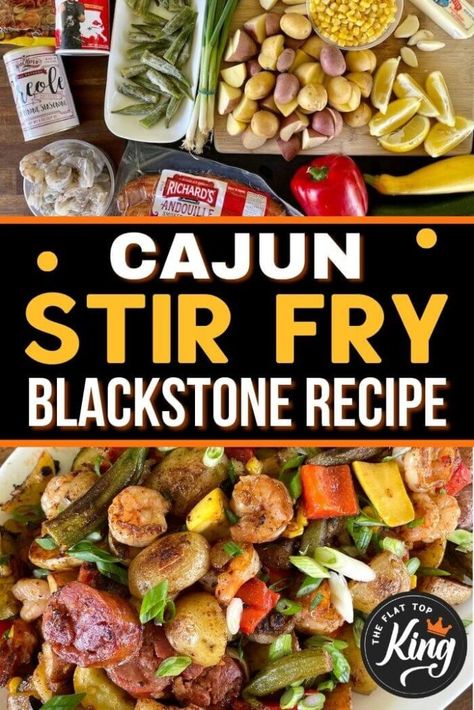 Cajun Griddle Recipes, Blackstone Shrimp Stir Fry, Cajun Stir Fry Recipes, Blackstone Griddle Shrimp Recipes, Stir Fry Blackstone Grill, Shrimp Stir Fry On Blackstone Griddle, Cajun Stir Fry, Blackstone Summer Recipes, Blackstone Cowboy Stir Fry