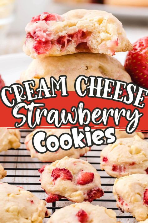 Strawberry Cream Cheese Cookies Strawberry Cream Cheese Cookies, Cheese Cookies Recipe, Strawberry Shortcake Cookies, Lemon Cookies Recipes, Soft Cookies, White Chocolate Strawberries, Peanut Butter No Bake, White Chocolate Cookies, White Chocolate Chip Cookies