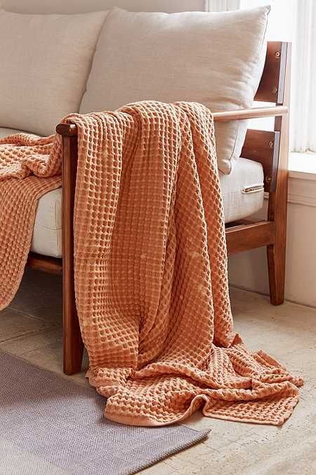 Distressed Waffle Throw Blanket - Peach Hand Printed Linen, Couch Throw Blanket, Bedding Throw, San Diego Houses, Boho Throws, Plant Decor Indoor, Bed Throw Blanket, Home Decor Sale, Cozy Aesthetic