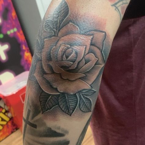 Rose Elbow Tattoo Mens, Cool Elbow Tattoos For Guys, Rose On Elbow Tattoo, Rose Elbow Tattoos For Women, Rose Tattoo On Elbow, Elbow Rose Tattoo, Over Elbow Tattoo, Elbow Tattoo Men, Rose Elbow Tattoo