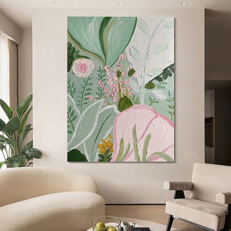 Original Abstract Pink Green Flowers Plants Oil Painting on - Etsy Hong Kong Green Pink Flowers, Art Thoughts, Painting Living Room, Green Paintings, Wall Decor Modern, Acrylic Artwork, Unique Paintings, Flowers Plants, Flower Wall Decor