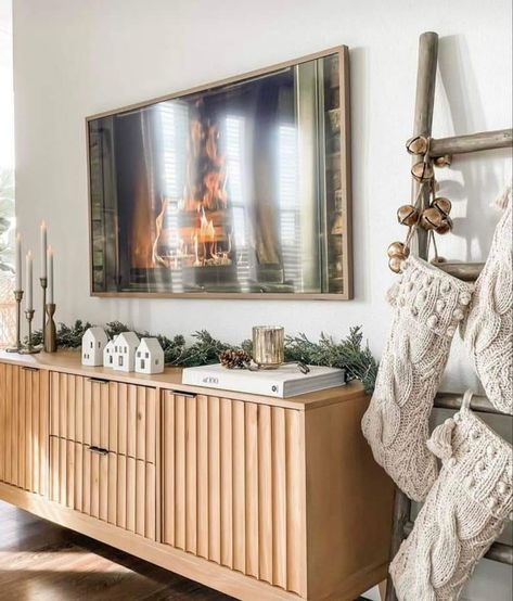 Tv Media Christmas Decor, Decorating Tv Console, Christmas Decor Under Tv, Under Tv Christmas Decor, Christmas Tv Console Decor, Tv Console Christmas Decor, Frame Tv Over Fireplace, Under Tv Decor, Decor Under Tv