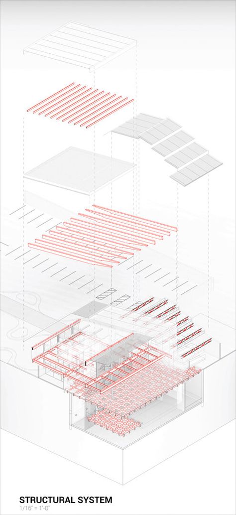 Architectural structure shown in exploded isometric drawing created in Revit. Visit website to see more detailed drawings... Structural Frame Architecture, Architecture Structure Diagram, Structure Diagram Architecture, Structure Axonometric, Revit Axonometric, Exploded Isometric Architecture, Revit Graphics, Isometric Drawing Architecture, Exploded Axonometric Architecture