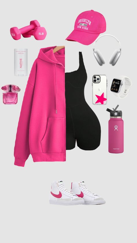 #outfitinspo #workout #beauty #pink #pinkaesthetic #nike #workoutfit #activewear #apple #girlpower #fitinspo #fitcheck Pink Volleyball Outfit, Pink Leggings Gym Outfit, Workouts Outfits Women, Pink Nike Outfits For Women, Colorful Sporty Outfits, Cute Workout Outfits Aesthetic, Pink Sporty Outfits, Pink Running Outfit, Pink Nike Outfit