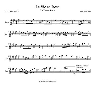 Sheet music La Vie en Rose Alto Saxophone by Edith Piaf. Life in Pink Alto Sax Score