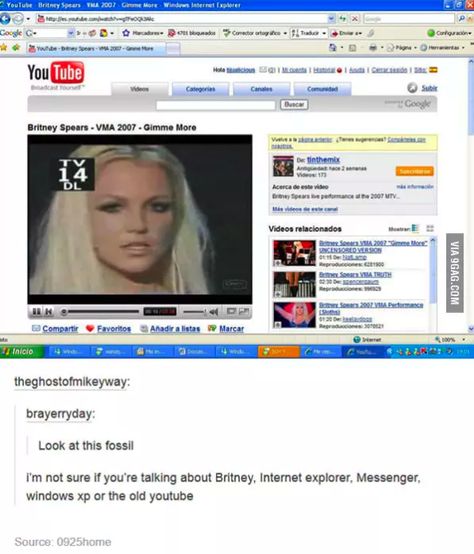 But nothing is more 2007 than this: Britney Spears, Internet Explorer, Windows XP, and ancient YouTube: Play Computer, Internet Explorer, Tumblr Posts, Tumblr Funny, Britney Spears, Bones Funny, Old Internet, Dankest Memes, Mtv