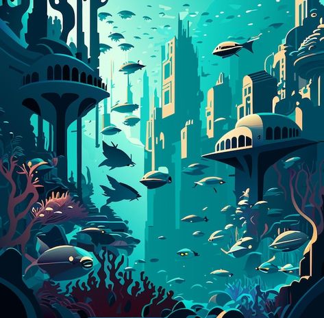 The aquatic utopia advanced civilization... | Premium Vector #Freepik #vector #underwater-city #aquatic-marvels #submerged-metropolis #marine-civilization Futuristic Underwater City Concept Art, Underwater City Drawing, Underwater City Concept Art, Underwater Civilization, Arch Painting, Underwater Vector, Advanced Civilization, Galaxy Quest, Dragon Born