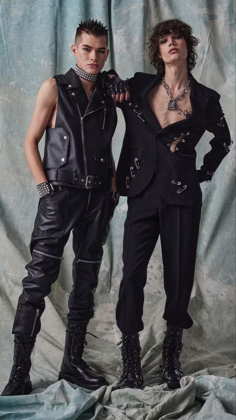 Punk Prom Outfit Men, Male Glam Outfit, Heavy Metal Outfit Ideas, Glamrock Clothes, Leather Punk Outfit, Leather Daddy Outfit, Punk Suit Men, Punk Rock Band Aesthetic, Rock Band Outfits Male