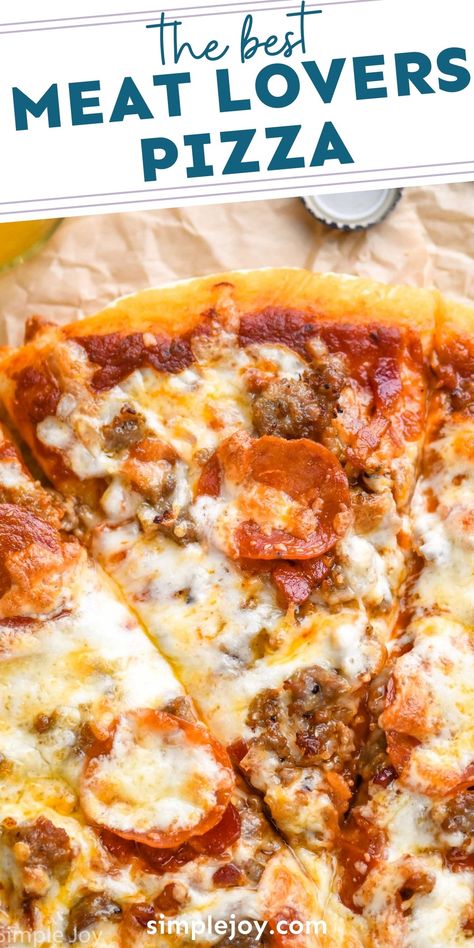 This Meat Lovers Pizza is amazing. Your family will love this simple from scratch pizza. Homemade Meat Lovers Pizza, Pizza Hut Meat Lovers, Meat Lovers Pizza Recipe, Pizza Pie Recipe, Homemade Pizza Recipe Easy, Meat Lovers Pizza, Bacon Pizza, Pizza Recipes Easy, Best Italian Recipes