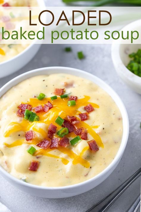 This Loaded Baked Potato Soup is an easy, creamy and hearty soup. Loaded with sharp cheddar cheese, bacon and green onions, it’s the ultimate comfort food soup for baked potato lovers! #potatosoup Loaded Baked Potato Soup With Milk, Super Cheesy And Chunky Potato Soup, Copycat Newks Loaded Potato Soup, Loaded Baked Potato Soup Dutch Oven, Potato Soup With Red Potatoes, Loaded Potato Soup Stove Top, Small Batch Potato Soup, Loaded Baked Potato Soup Stove Top, Slow Cooker Loaded Baked Potato Soup