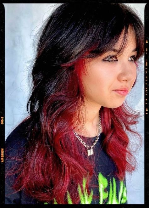 Dark Red Shag Haircut, Shag Dyed Hair, Wolf Cut With Dyed Tips, Red Hair Shag Cut, Under Dyed Hair Red, Wolf Cut Peekaboo Hair, Wolf Cut With Red Highlights, Red Hair Dye Underneath, Wolf Cut Hair Dye