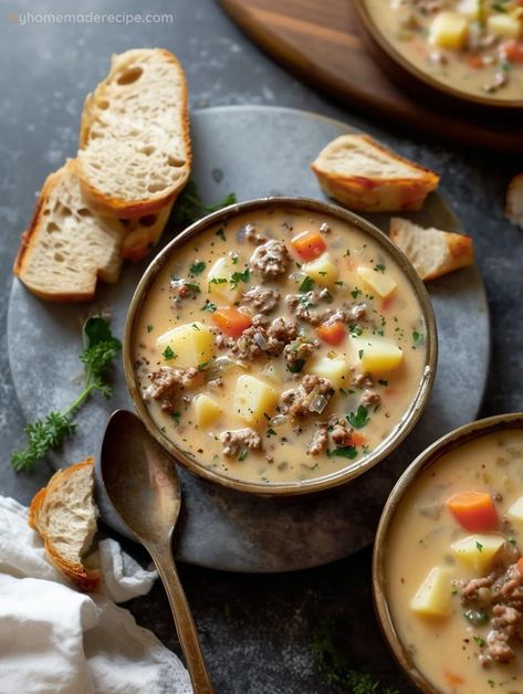 Delicious Creamy Hamburger Potato Soup Recipe For A Comforting Meal - My Home Made Recipe Creamy Hamburger Potato Soup, Cream Potatoes Recipe, Potato Soup Creamy, Soup For Breakfast, Soft Potatoes, Cream Of Vegetable Soup, Hamburger Potato Soup, Crock Recipes, Hungry Like The Wolf