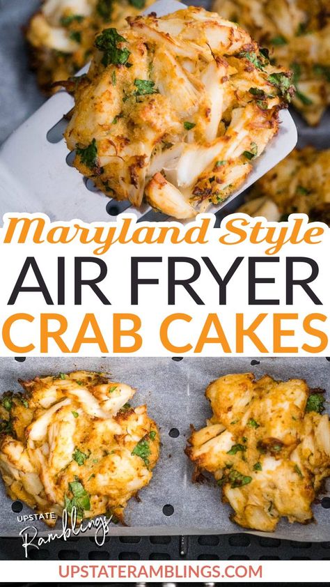 These air fryer crab cakes are delicious and easy to prepare! Everyone will love the light and crispy outside with a soft and tender inside, packed with flavorful lump crab meat. It doesn’t take much time or effort to enjoy these delicious crab cakes for your next seafood dinner. | @upstramblings #airfryercrabcakesrecipe #bestcrabakesrecipe #easyairfryercrabcakes #airfryercrabcakes #howtocookcrabcakesintheairfryer Things To Make With Crab Meat, Crab Balls Recipe Air Fryer, Pescatarian Air Fryer Recipes, Crab Air Fryer Recipes, Air Fryer Cake Recipes Easy, Air Fry Crab Cakes, Air Fryer Crab Cakes Recipes, Imitatation Crab Recipe Ideas Air Fryer, Fresh Crab Recipes