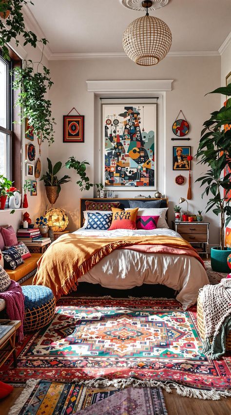 Boho Bedroom Apartment Maximalist Bedroom Apartment, Maximalist Apartment Decor, Bed Layering Ideas, Boho Bedroom Apartment, Bedroom Ideas For Apartments, City Apartment Bedroom, Bohemian Maximalist Decor, Grey Comforter Bedroom, Bedroom Living Room Ideas