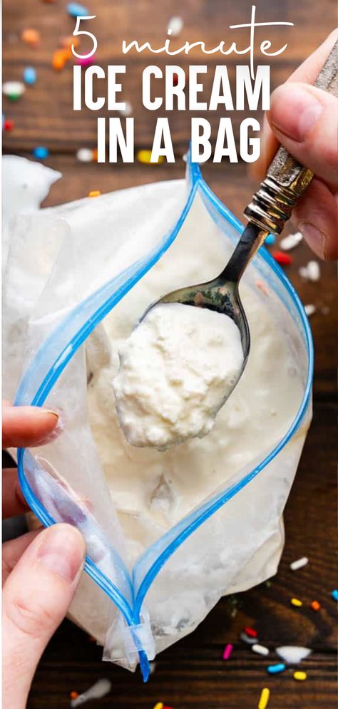 An overhead view of a ziploc bag full of homemade vanilla ice cream. 5 Minute Ice Cream In A Bag, Diy Easy Ice Cream, Homemade Ice Cream Blender, No Turn Ice Cream, How To Make Homemade Ice Cream Easy, Diy Homemade Ice Cream, Simple Homemade Ice Cream 3 Ingredients, Quick Homemade Ice Cream, Homemade Ice Cream In A Baggie