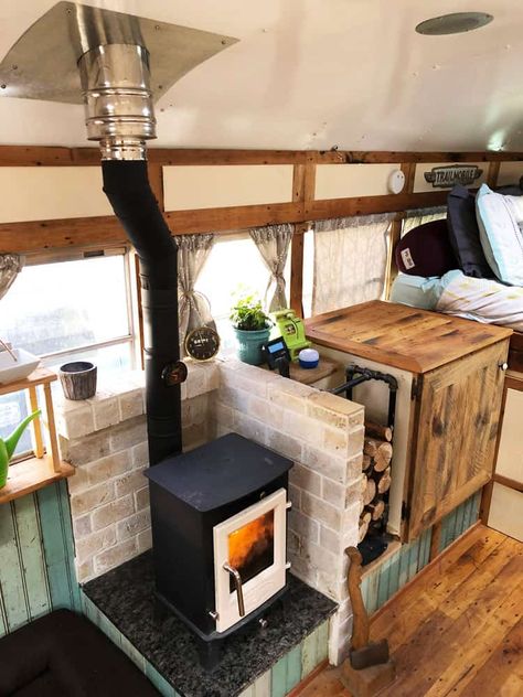 The Mobile Wood Stove: Heating our Bus Conversion | Wild Drive Life Rv Wood Stove, Tiny House Wood Stove, Mini Wood Stove, Tiny Wood Stove, School Bus Tiny House, School Bus Camper, Diy Wood Stove, Bus Living, Short Bus