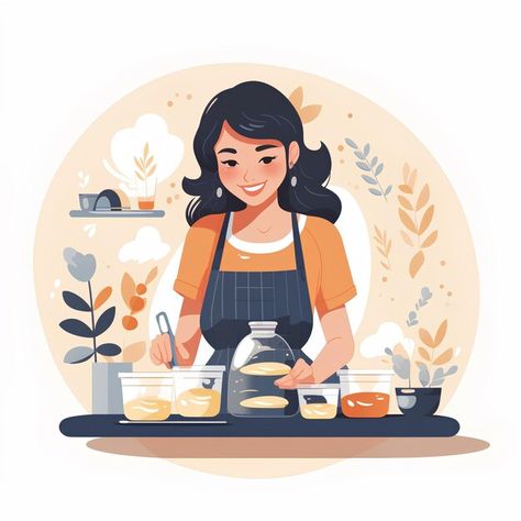 Photo minimalist flat vector style of a ... | Premium Photo #Freepik #photo Eating Food Illustration, Aesthetic Highlight Covers Instagram Pink, Woman Cooking, Minimalist Flat, Flat Vector Illustration, Eating Food, Illustration Food, Food Illustration, Flat Vector