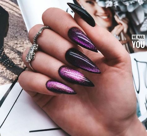 Black And Purple Cat Eye Nails, Raven Nails Designs Teen Titans, Dark Purple Stiletto Nails, Mermaid Cat Eye Nails, Black Purple Ombre Nails, Dark Purple Cat Eye Nails, Black And Purple Sparkle Nails, Nail Design Purple, Acrylic Chrome Nails