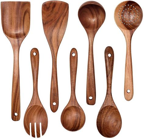 Wooden kitchen cookware set, handmade 100% natural teak, BPA not included, keeping in view the health standards, environmentally friendly and harmless. Don't worry about invading toxic substances into food when cooking like other cooking utensils. 7-piece kitchen wooden spoons set consists of kitchen spatula, strainer spoons, fried spatula, serving Spoon, wooden spoon, salad fork, mixing spoon and other spoons. Teak Kitchen, Wooden Utensils Set, Wood Kitchen Utensils, Wooden Cooking Utensils, Kitchen Pans, Kitchen Cookware Sets, Wooden Kitchen Utensils, Wood Utensils, Cooking Utensil